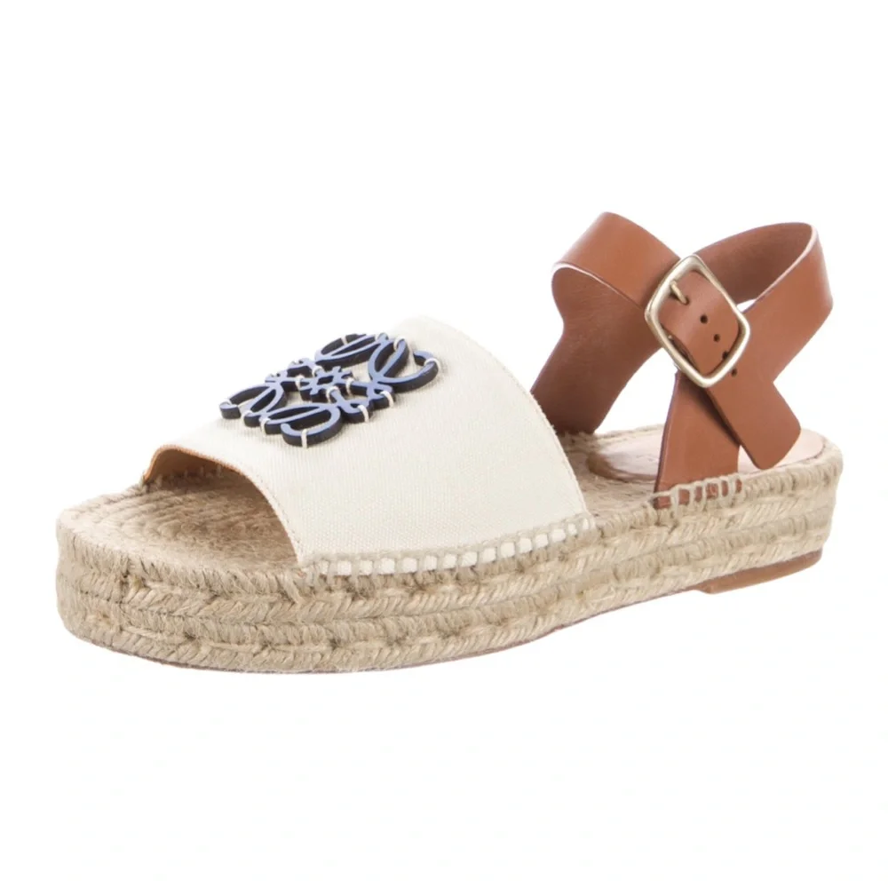Loewe White & Blue Leather Espadrille Sandals with Tan Ankle Strap